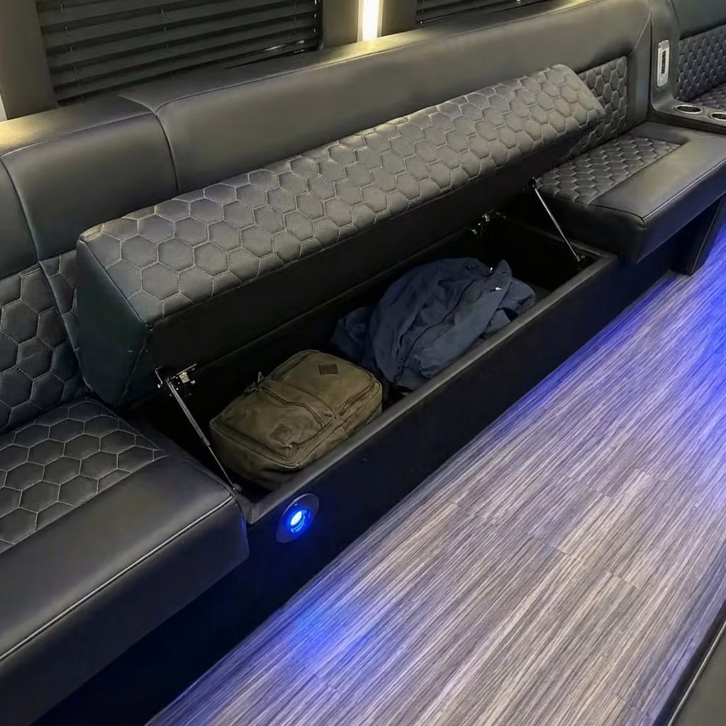 greenfield party bus under seat storage